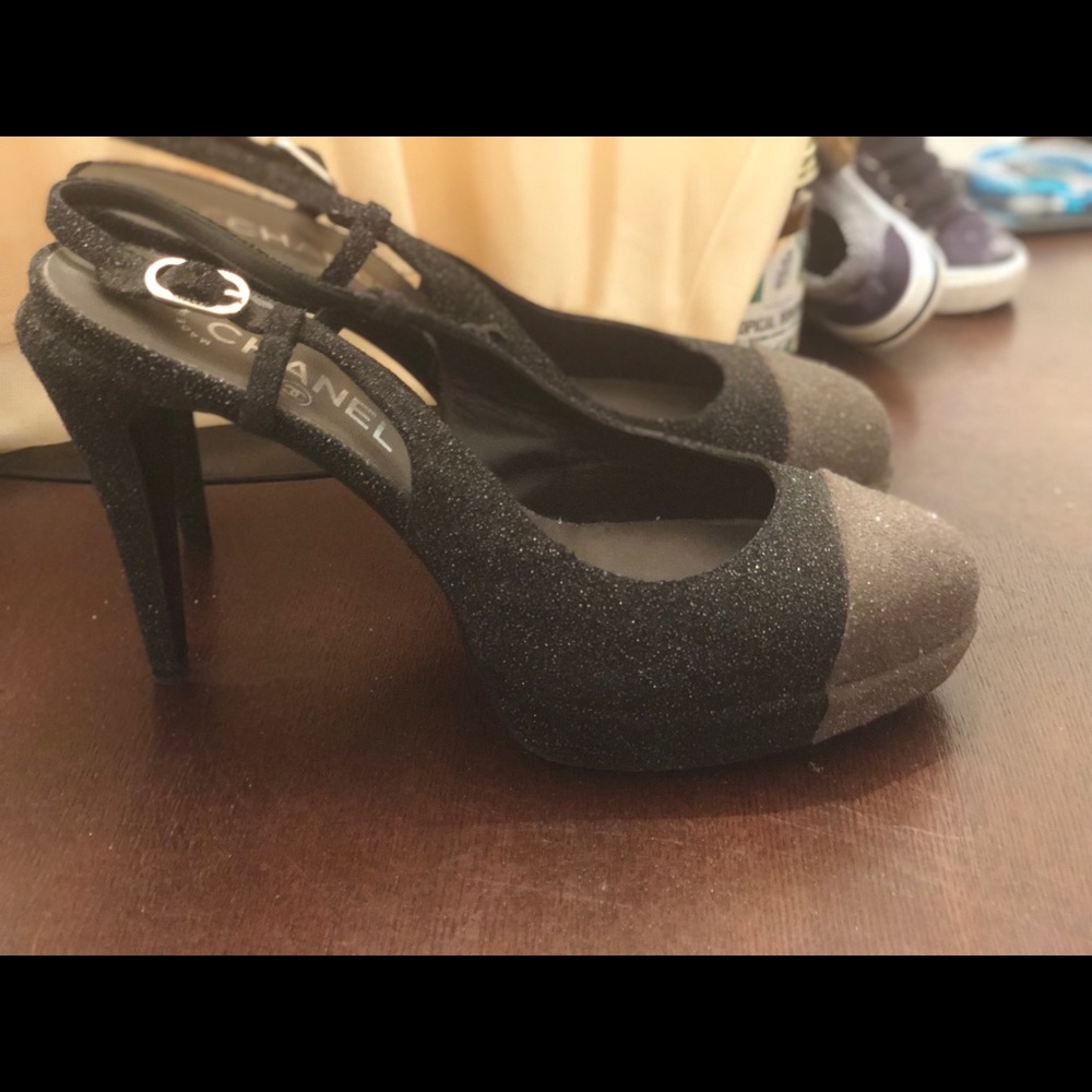 Glittery two tone high heel Chanel shoes
